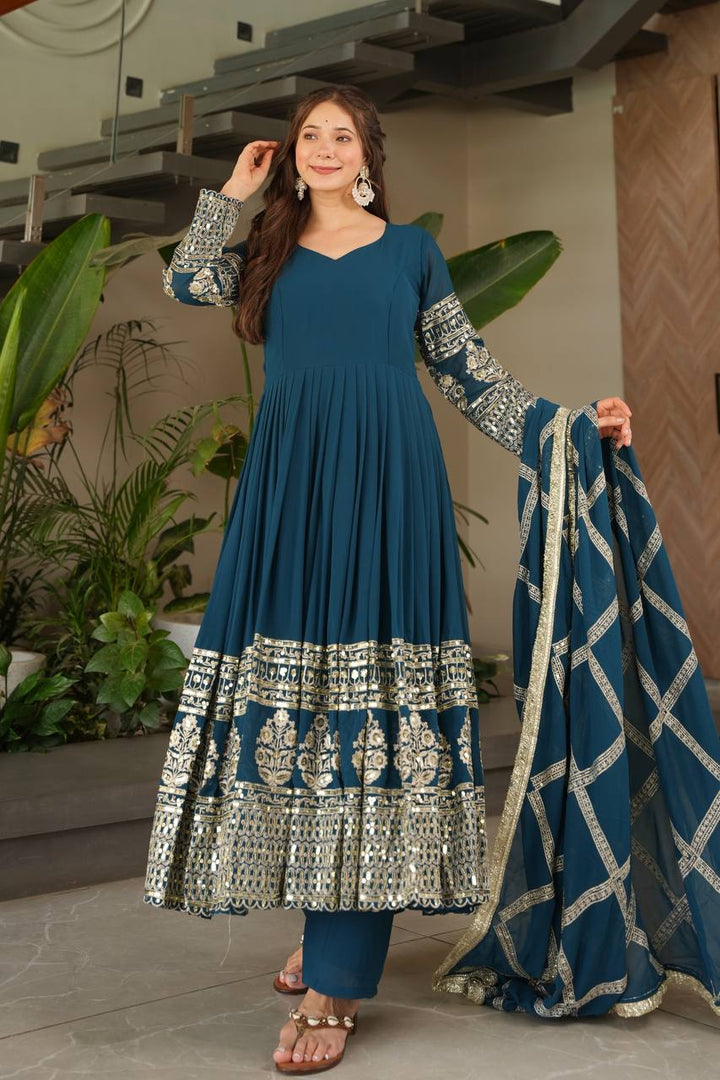 Teal & Purple Faux Georgette Anarkali Suit with Dupatta - Tiamgee