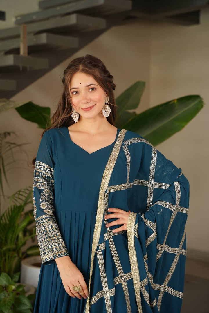 Teal & Purple Faux Georgette Anarkali Suit with Dupatta - Tiamgee