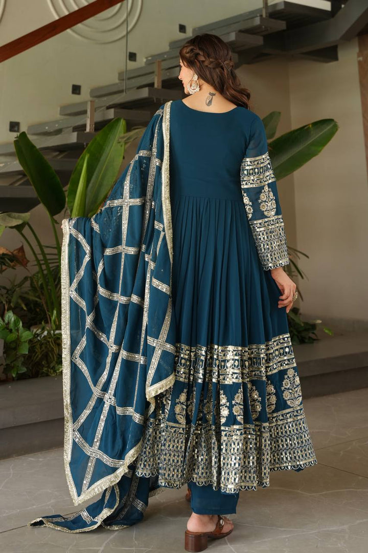 Teal & Purple Faux Georgette Anarkali Suit with Dupatta - Tiamgee