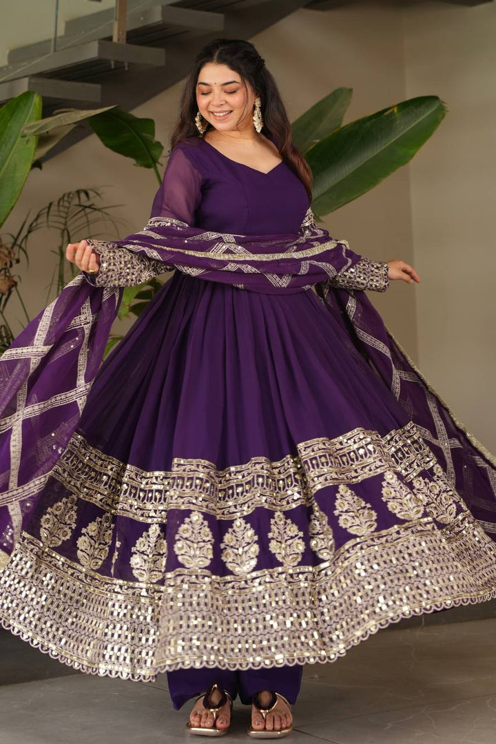 Teal & Purple Faux Georgette Anarkali Suit with Dupatta - Tiamgee