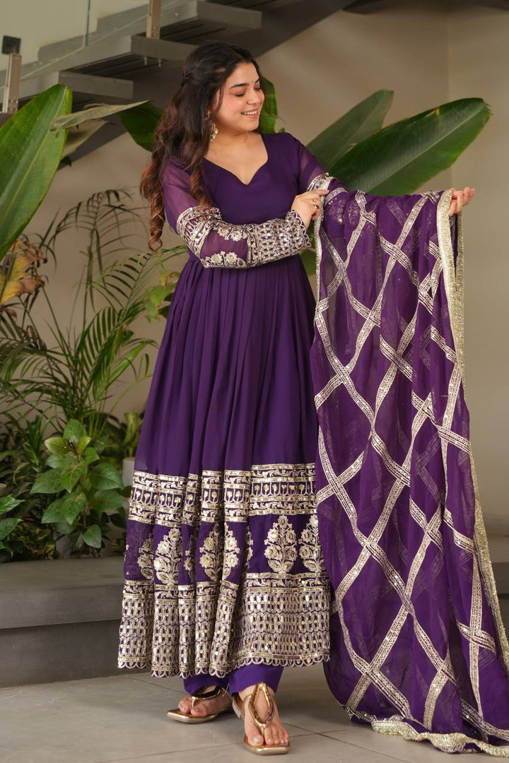 Teal & Purple Faux Georgette Anarkali Suit with Dupatta - Tiamgee