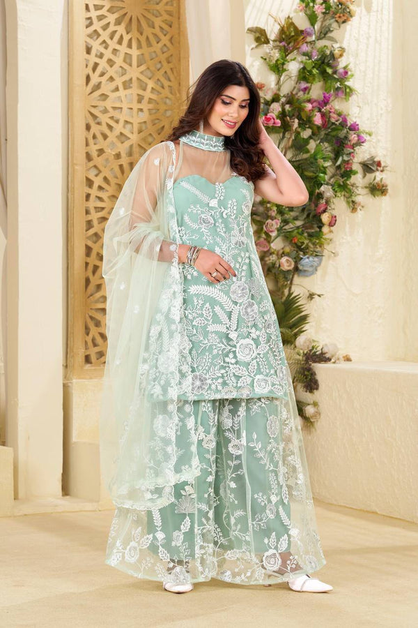 Halter Neck Butterfly Net Kurta & Plazzo Set with Dupatta