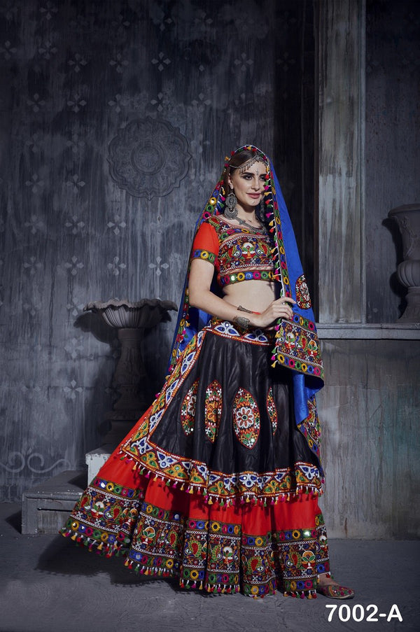 Black Navratri Rajwadi Chaniya Choli with Gamthi, Lace & Mirror Work