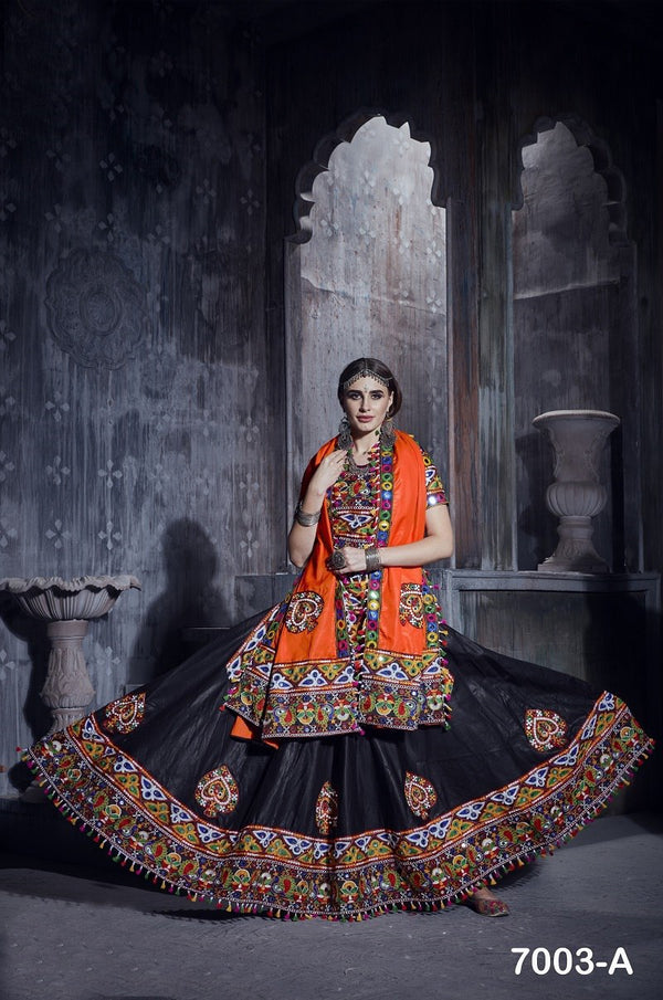 Black Navratri Chaniya Choli with Gamthi, Lace & Mirror Work