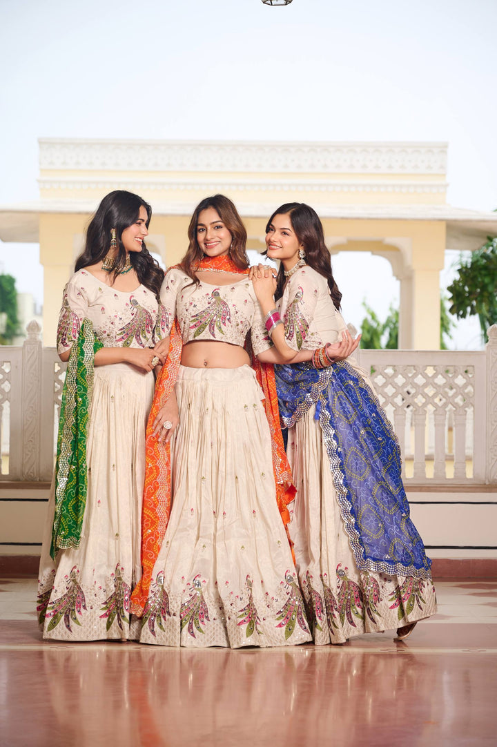 Off White Pure Tissue Silk Festival Lehenga Choli with Dupatta - Tiamgee