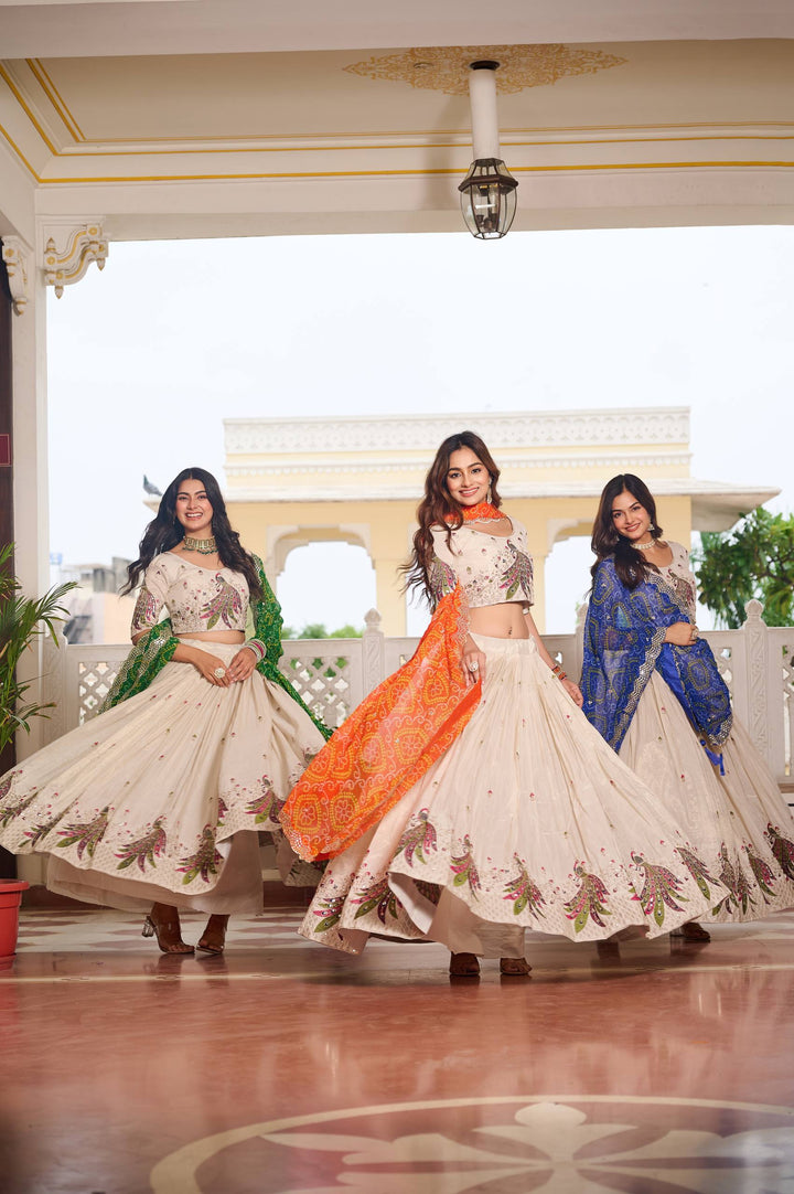 Off White Pure Tissue Silk Festival Lehenga Choli with Dupatta - Tiamgee