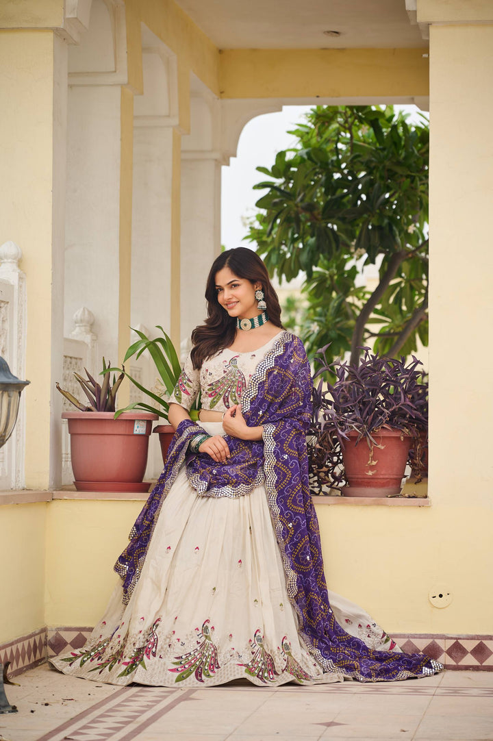 Off White Pure Tissue Silk Festival Lehenga Choli with Dupatta - Tiamgee