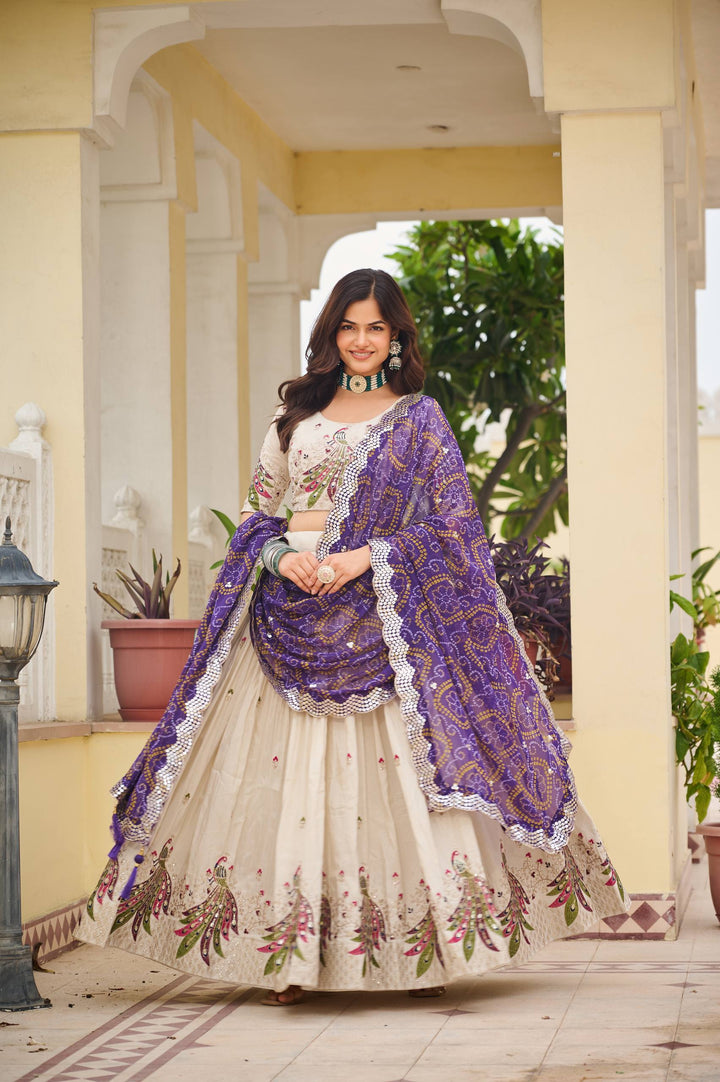 Off White Pure Tissue Silk Festival Lehenga Choli with Dupatta - Tiamgee