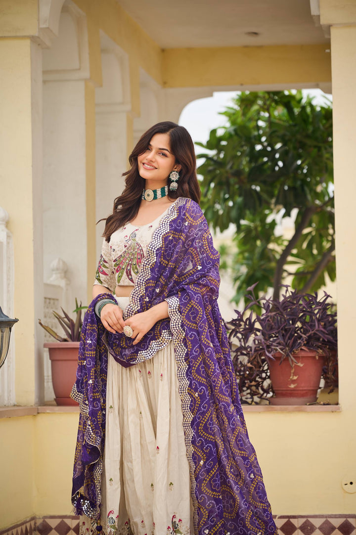 Off White Pure Tissue Silk Festival Lehenga Choli with Dupatta - Tiamgee