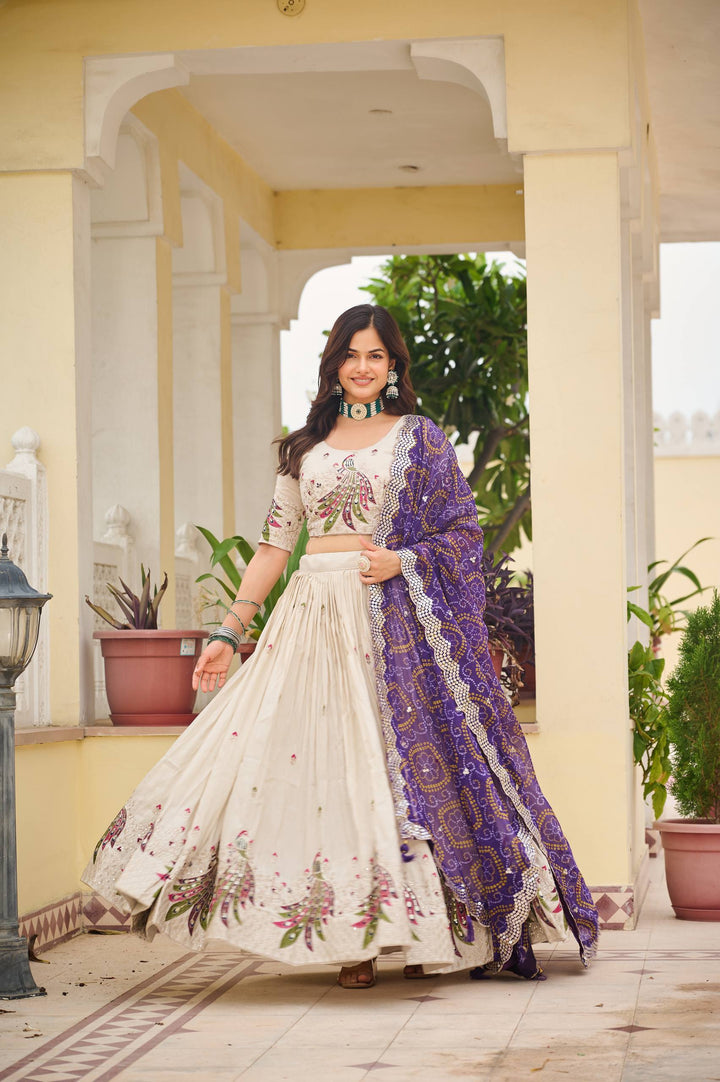 Off White Pure Tissue Silk Festival Lehenga Choli with Dupatta - Tiamgee