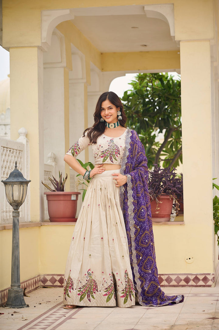 Off White Pure Tissue Silk Festival Lehenga Choli with Dupatta - Tiamgee