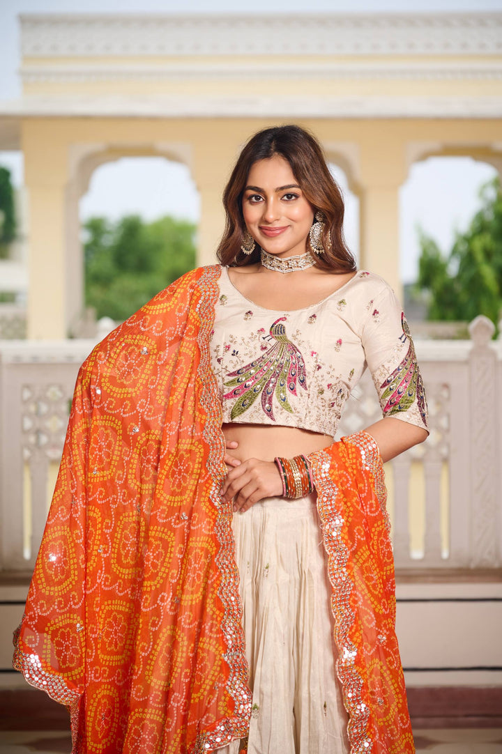 Off White Pure Tissue Silk Festival Lehenga Choli with Dupatta - Tiamgee