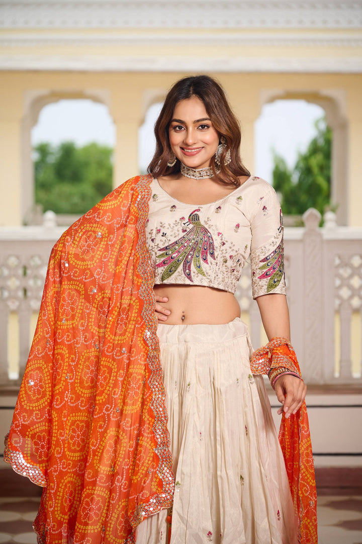 Off White Pure Tissue Silk Festival Lehenga Choli with Dupatta - Tiamgee