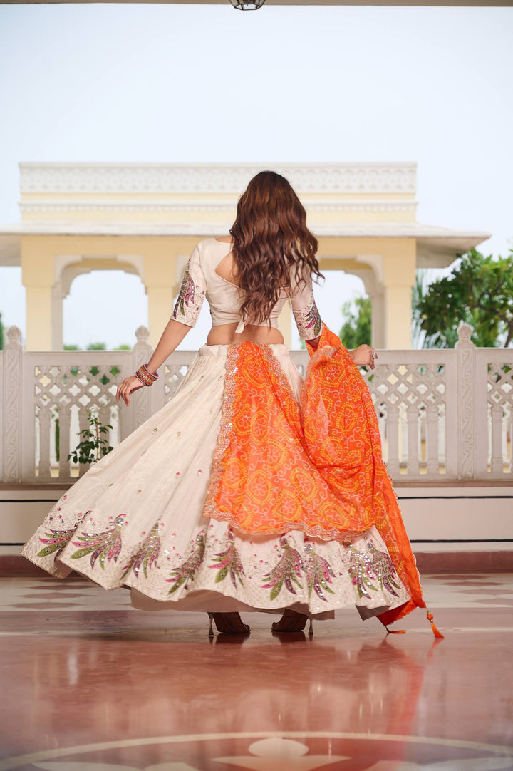 Off White Pure Tissue Silk Festival Lehenga Choli with Dupatta - Tiamgee