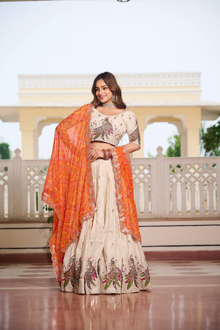 Off White Pure Tissue Silk Festival Lehenga Choli with Dupatta - Tiamgee
