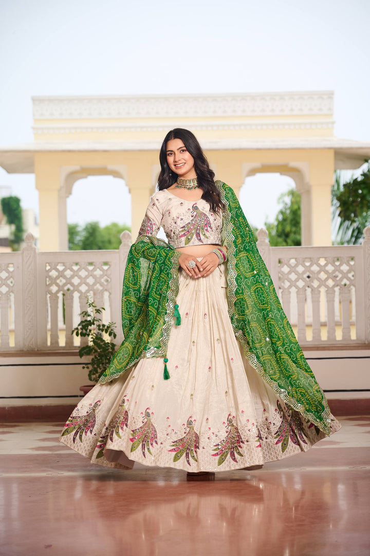 Off White Pure Tissue Silk Festival Lehenga Choli with Dupatta - Tiamgee