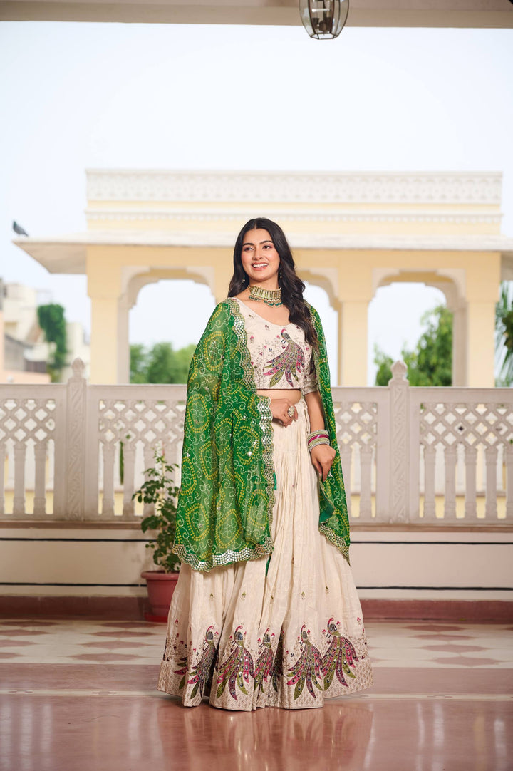 Off White Pure Tissue Silk Festival Lehenga Choli with Dupatta - Tiamgee