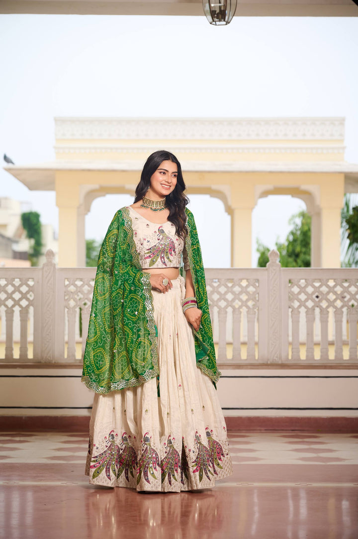 Off White Pure Tissue Silk Festival Lehenga Choli with Dupatta - Tiamgee