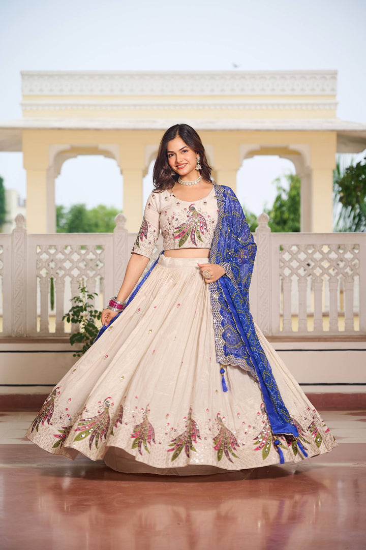 Off White Pure Tissue Silk Festival Lehenga Choli with Dupatta - Tiamgee