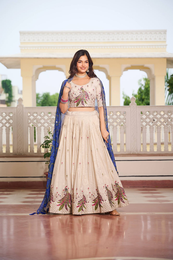 Off White Pure Tissue Silk Festival Lehenga Choli with Dupatta - Tiamgee