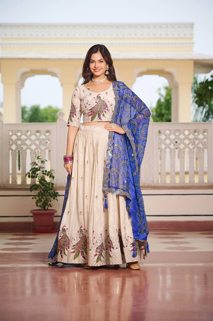 Off White Pure Tissue Silk Festival Lehenga Choli with Dupatta - Tiamgee