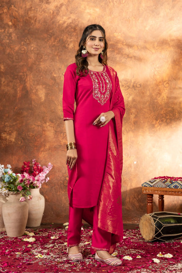 Marina Silk Embroidery Straight Kurti Pant Dupatta Set