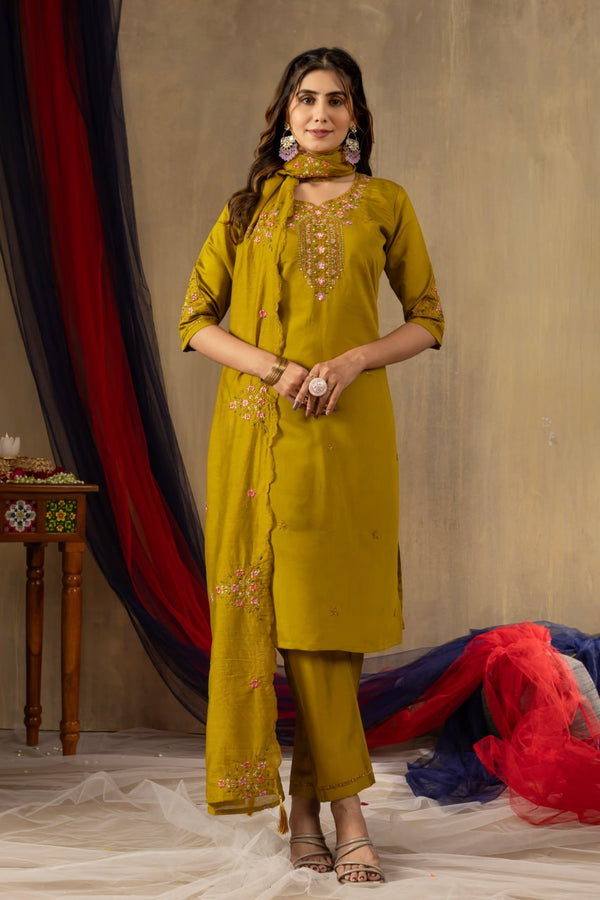 Roman Silk Straight Kurti Pant Dupatta Set