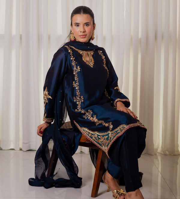 Blue Heavy Crepe Silk Farshi Salwar with Handwork & Organza Dupatta