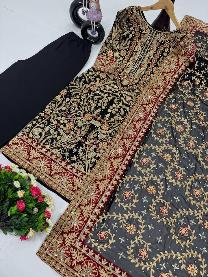 Black Long Top, Sharara Pent with Dupatta - Tiamgee