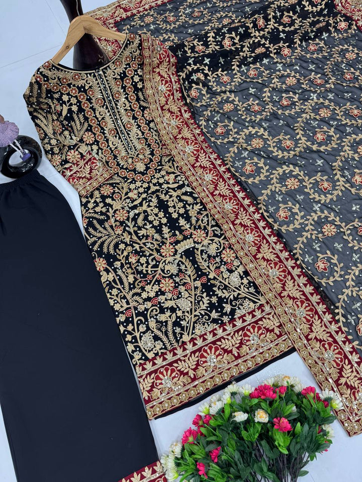 Black Long Top, Sharara Pent with Dupatta - Tiamgee