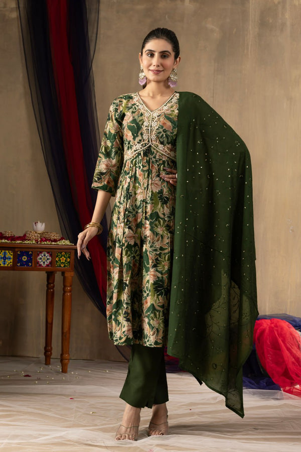 Modal Print Aliya Cut Kurti Pant Dupatta Set