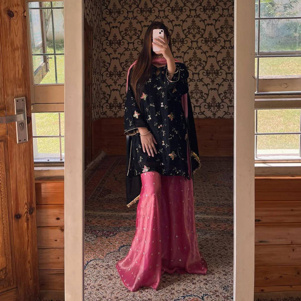 Crushi Silk Garara Palazzo Set with Sequins & Printed Dupatta