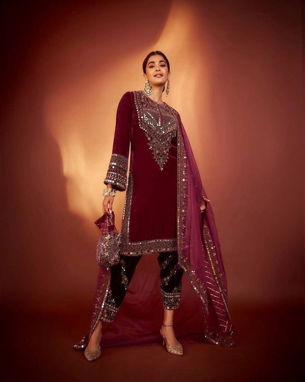 [product_color] Maroon Viscose Velvet Embroidered Suit Set with Pant & Dupatta - Tiamgee