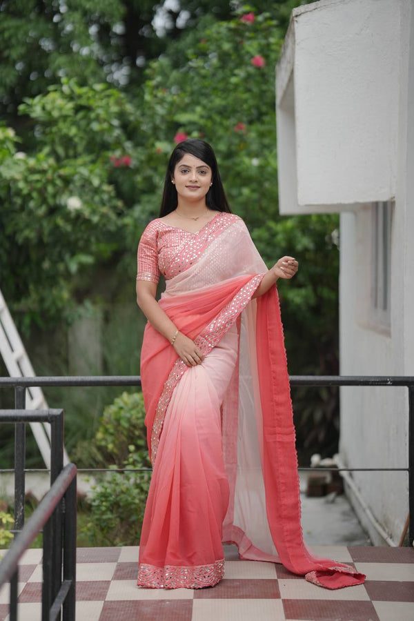 Shaded Faux Georgette Saree with Real Mirror Work