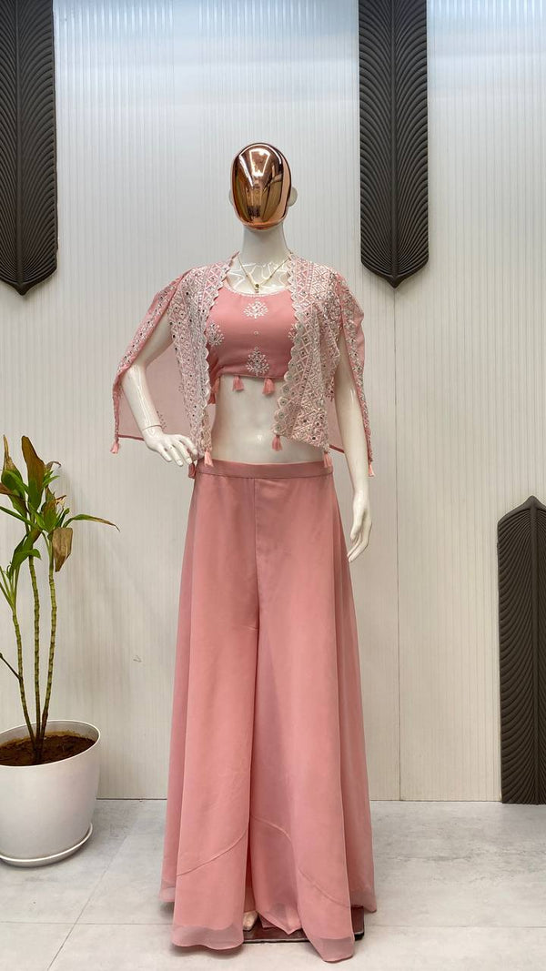 Faux Georgette Three-Piece Blouse, Palazzo & Shrug Set with Sequins and Real Mirror Work