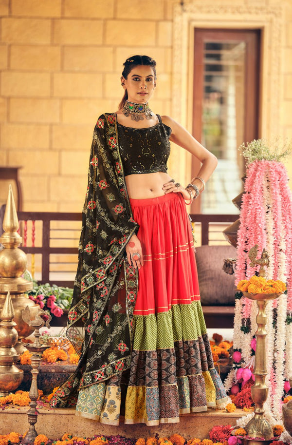 Pure Cotton Printed Ruffle Lehenga with Embroidered Blouse & Georgette Dupatta
