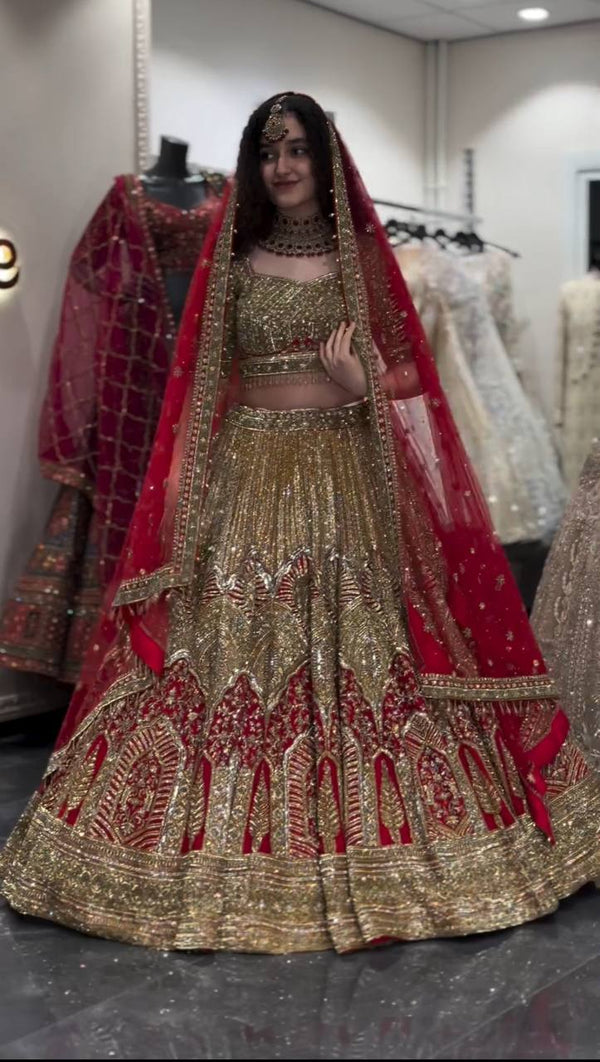 Red Faux Georgette Wedding Lehenga-Choli