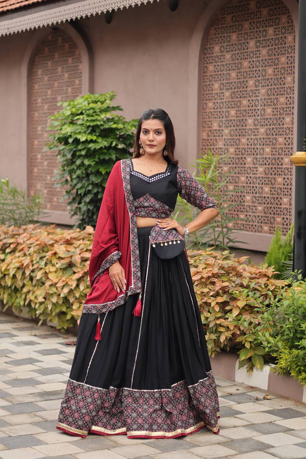 Black Navratri Gamathi Cotton Lehenga Choli with Dupatta & Hand Purse