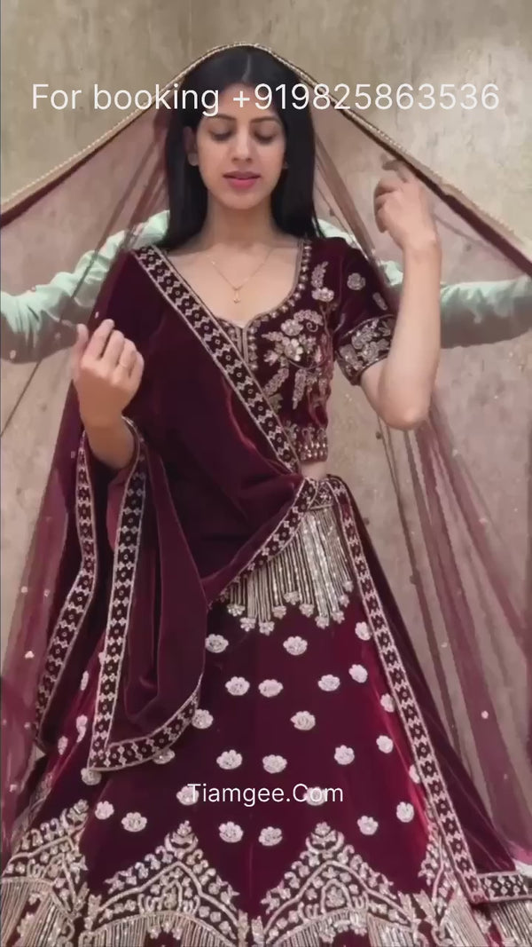 Maroon Velvet Exclusive Bridal Lehenga Choli Set